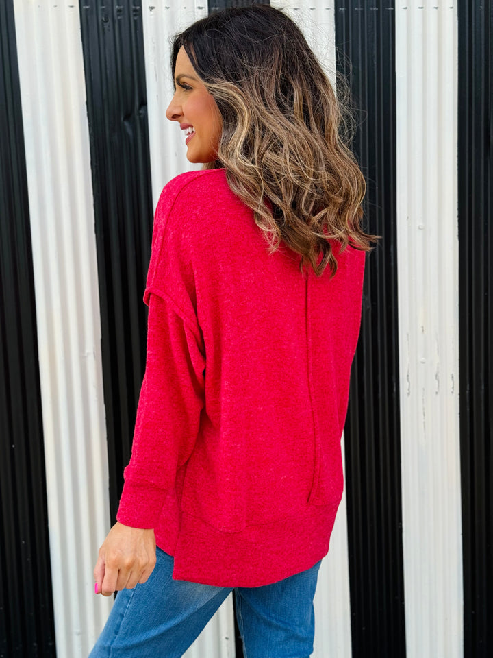 Dark Red Brushed Melange Drop Shoulder Oversized Sweater - Small Through Extended Sizes