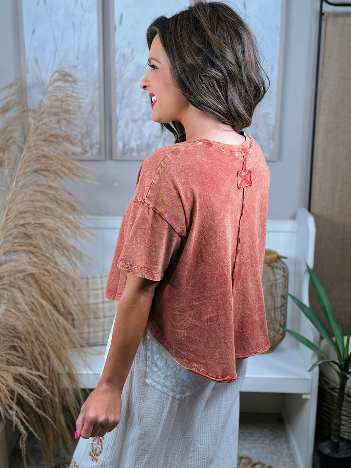 Rust Crinkle Washed Cotton Round Neck Short Sleeve Top