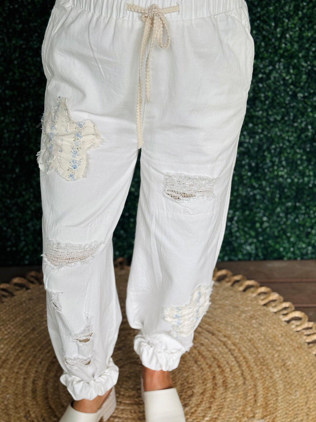 Denim Joggers W/ Floral Patches - 2 Color Options