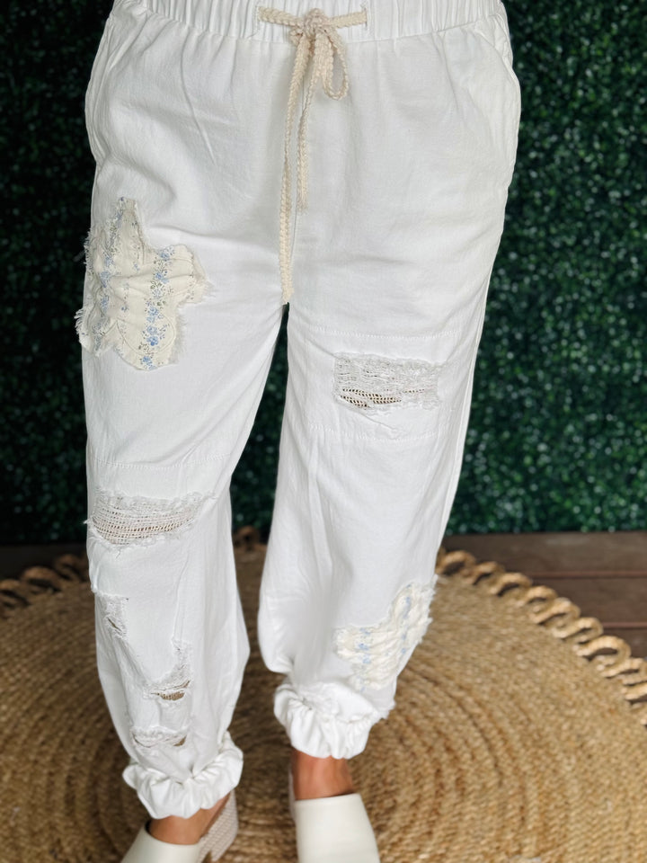 Denim Joggers W/ Floral Patches - 2 Color Options