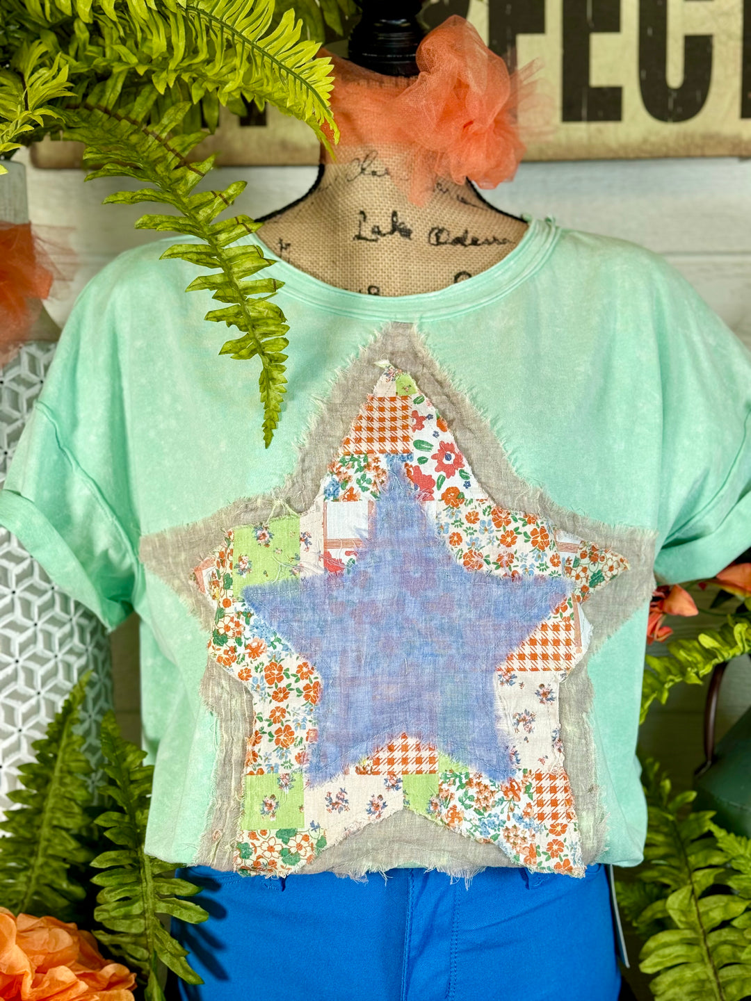 Mint Star Patch Front Washed Cotton Jersey Top - Available S - Extended Sizes