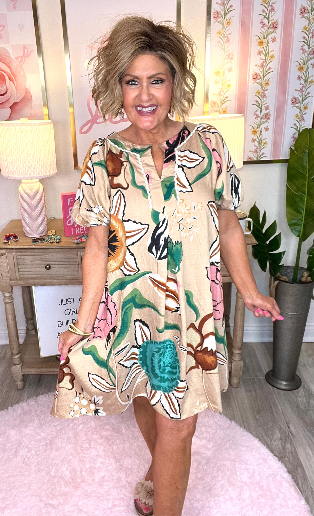 Floral Dress with Puff Sleeves-Latte