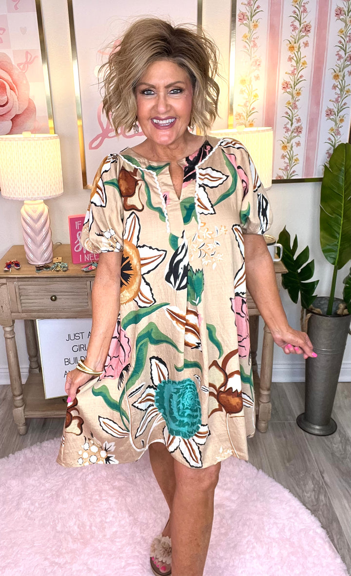 Floral Dress with Puff Sleeves-Latte