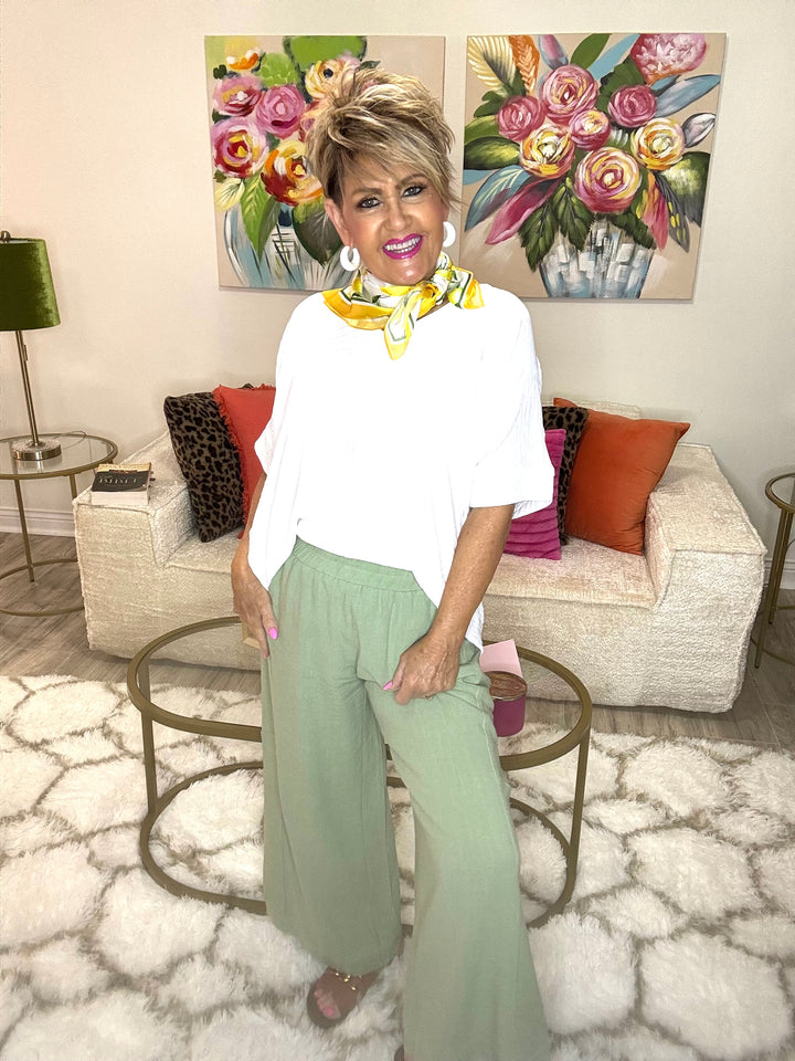 Elastic Waist Wide Leg Pants-2 Color Options-Blue and Sage