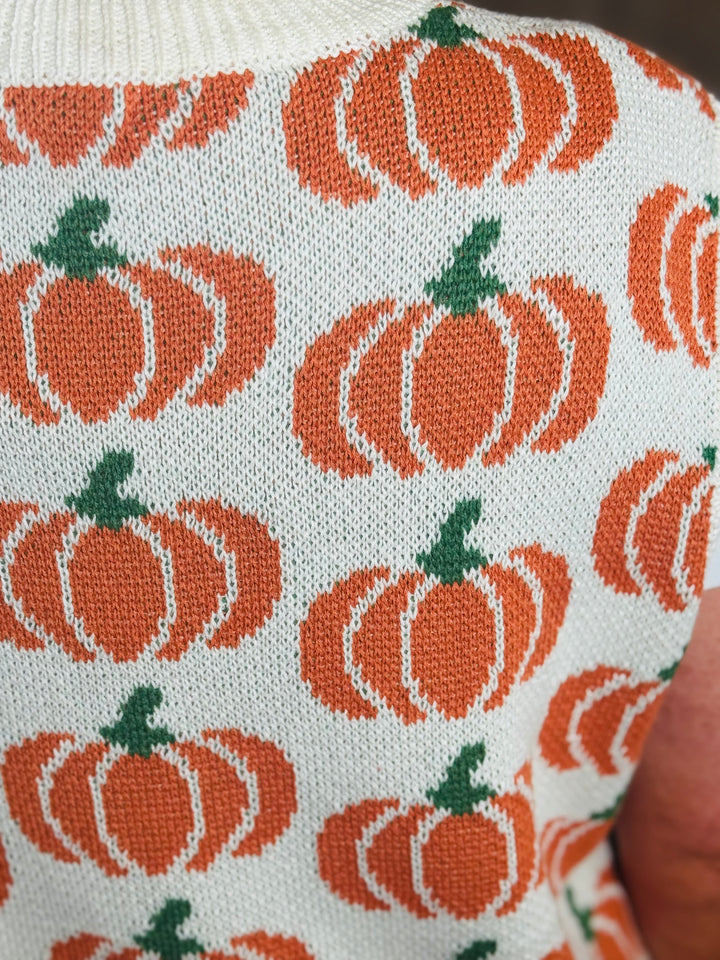 Ivory Pumpkin Print Sleeveless Sweater Knit Top