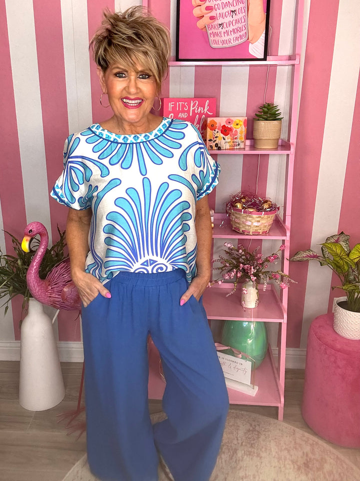 Boho Floral Print Short Sleeve Top-Blue