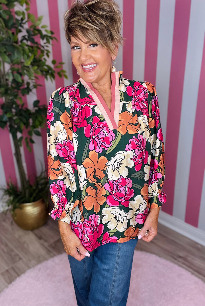 Floral Print Contrast Trim Ruffle Sleeve Blouse-Hunter Green