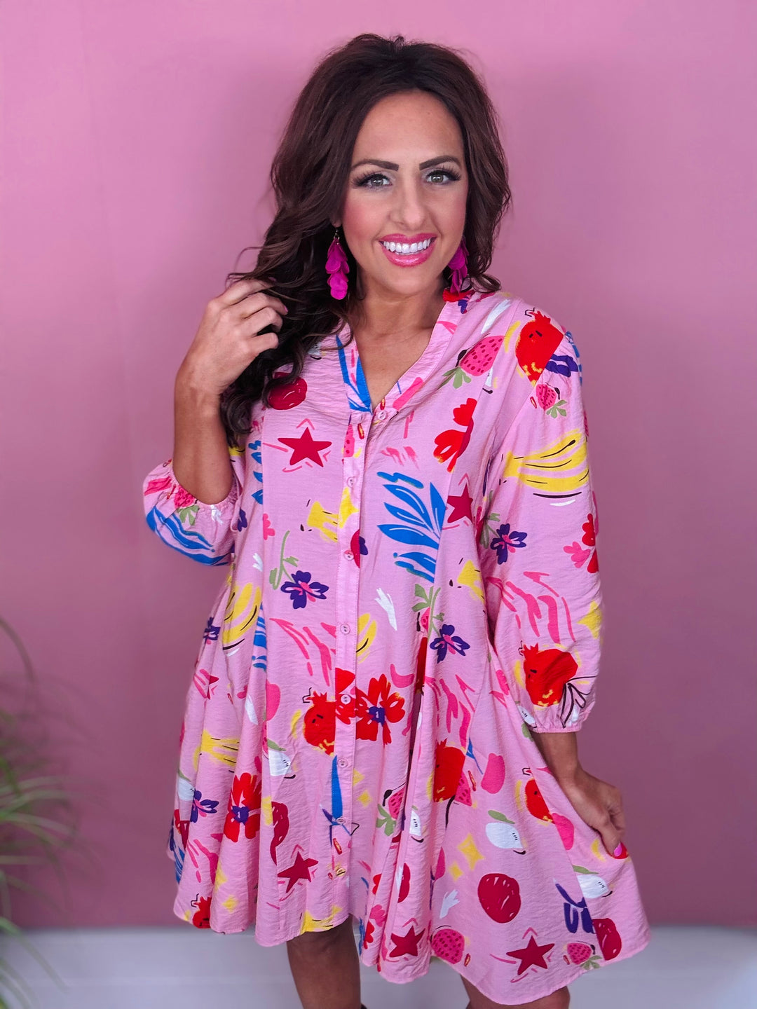 Pink Printed V-Neck 3/4 Sleeve Shirt Dress