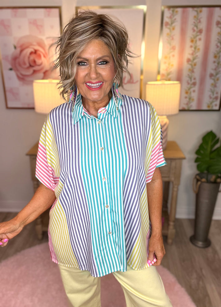 Collared Neck Short Sleeve-Multi-Striped
