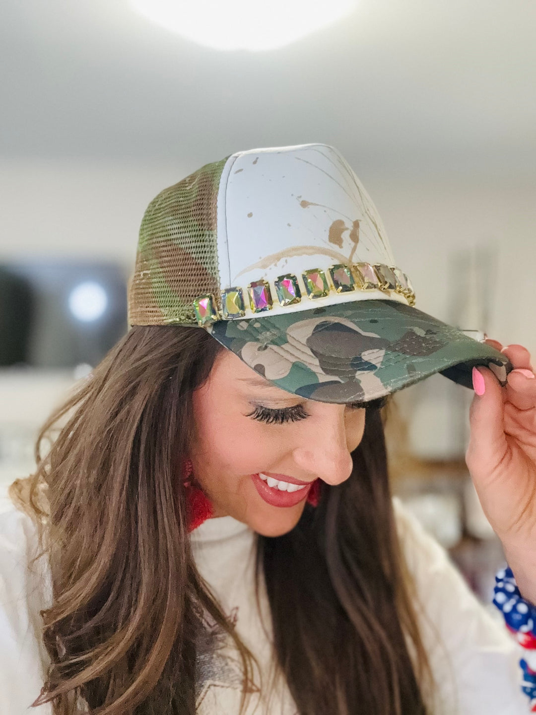 Camo Paint Splattered Trucker Hat w/Multi-Colored Jewel Hat Band