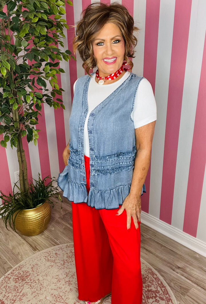 Frayed Hem Wide Leg Pants-Red