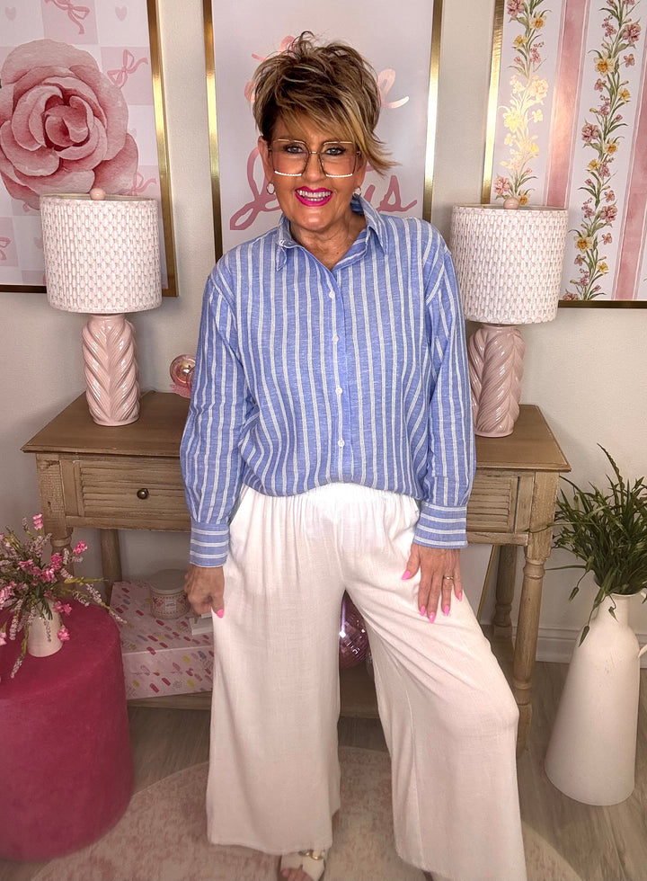 Striped Linen Blend Button Up Shirt-Blue or Natural