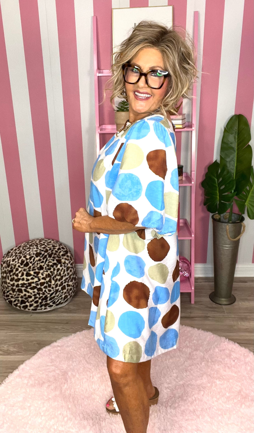 Abstract Dot Bubble Sleeve Tunic Dress- Blue
