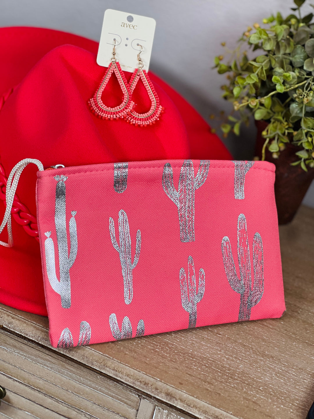 Coral Cactus Metallic Canvas Wrist Bag