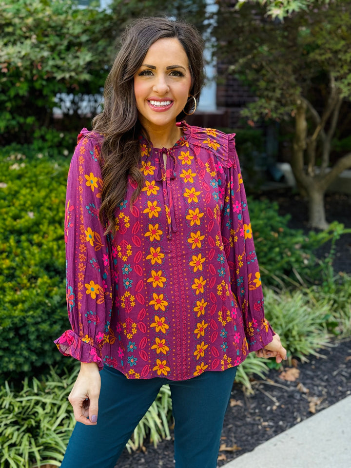 Mulberry Floral Printed V-Neck Woven Blouse - Small Through Extended Sizes