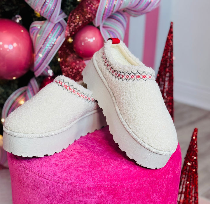 Fuzzy White Platform Slip-Ons