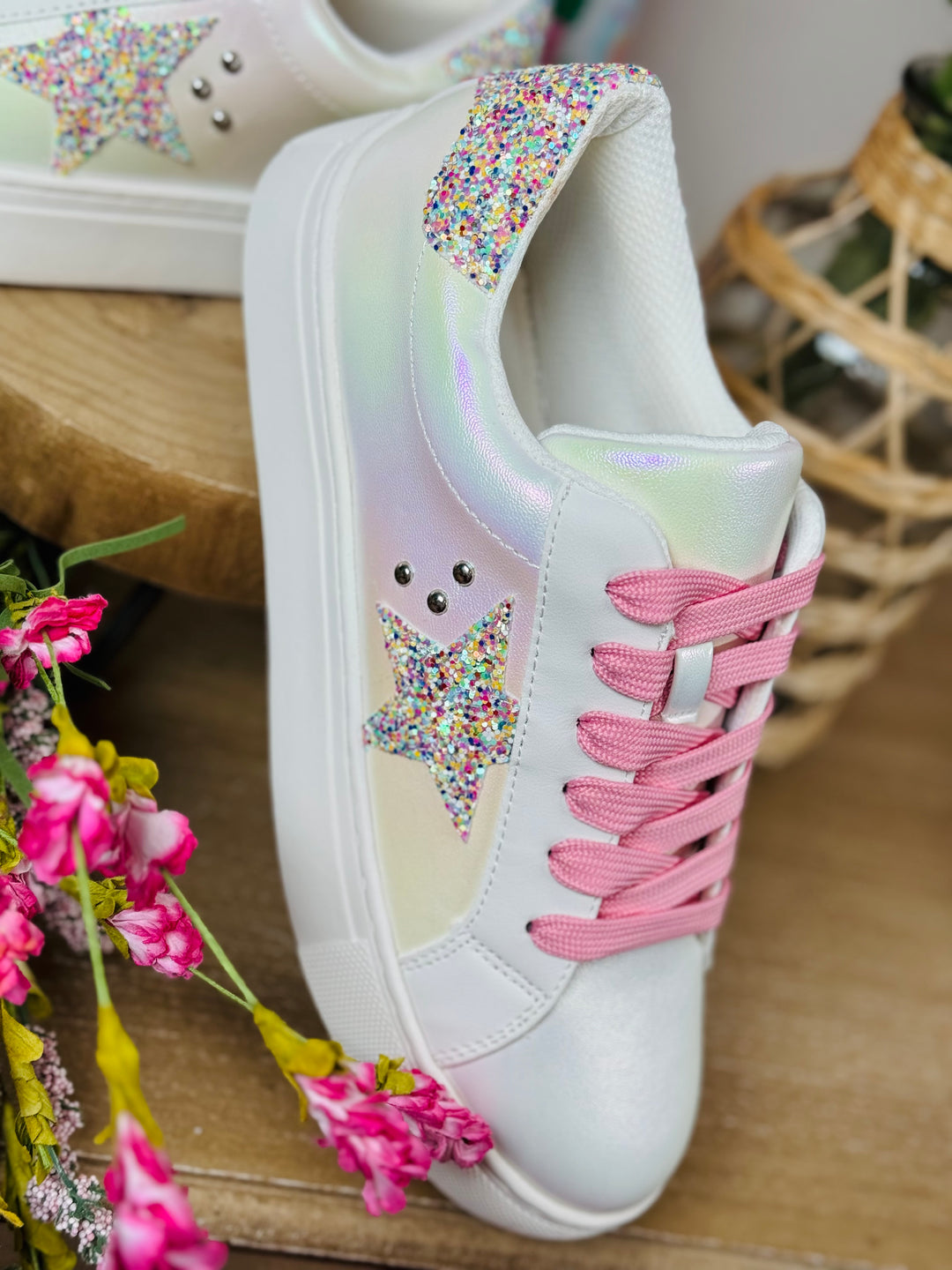 Pearlized White Sneaker w/Sparkly Star Detail