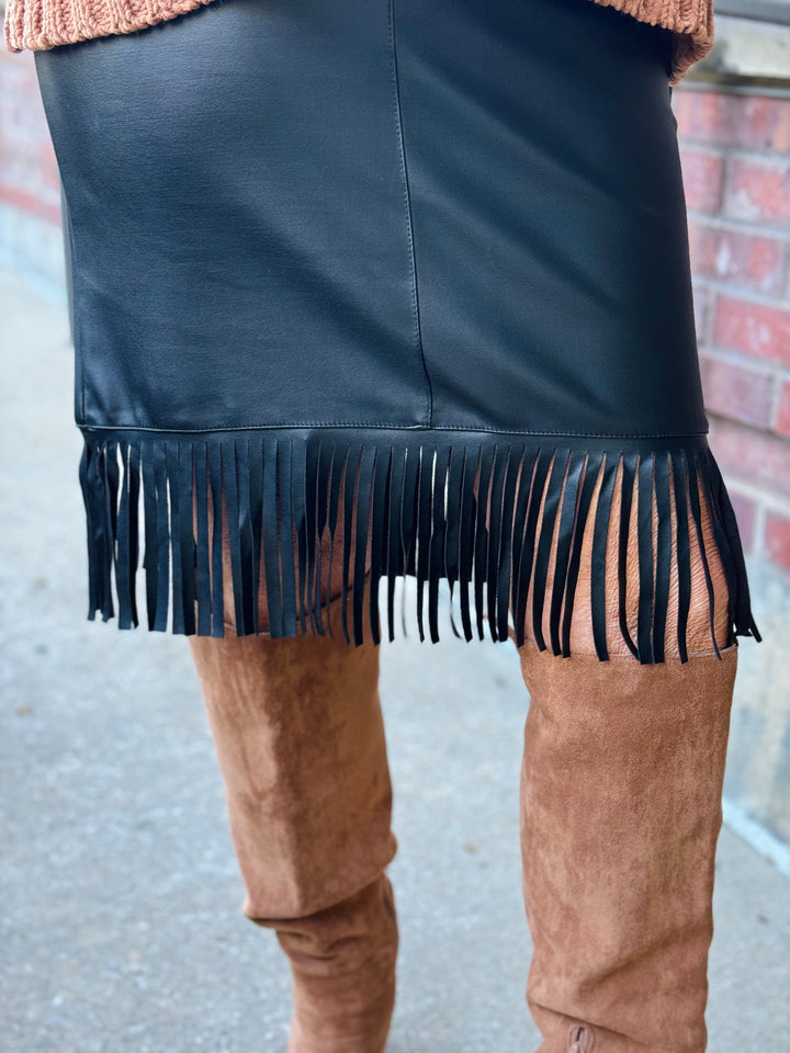 Black Alexi Faux Leather Skirt with Fringe