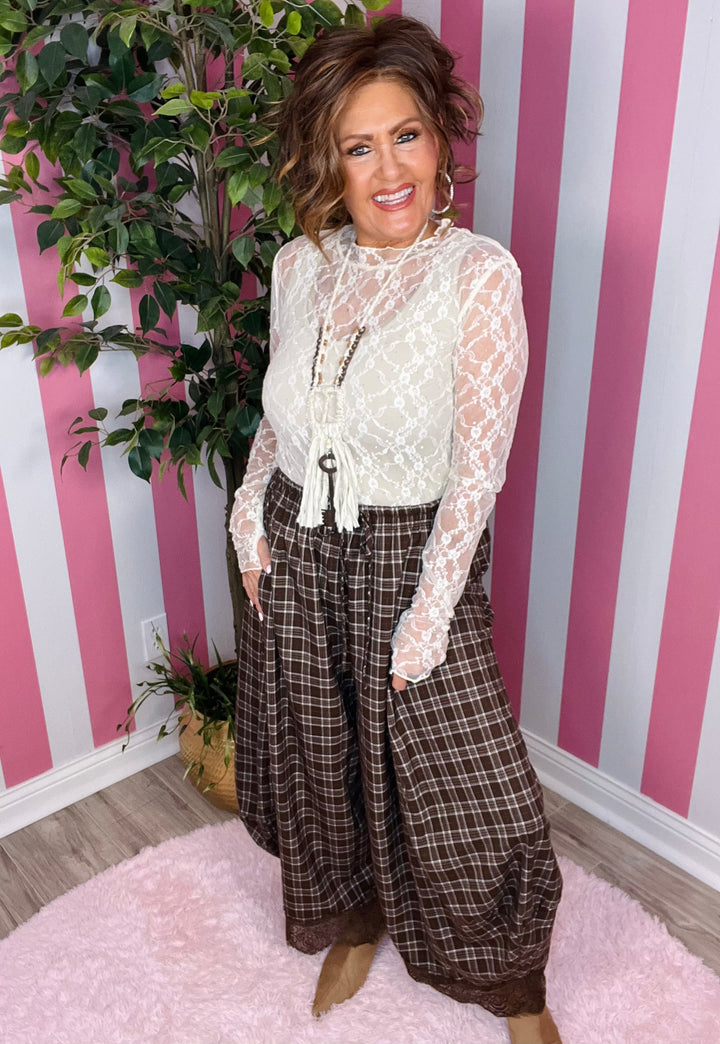 FLOWY FALL CHECK PLAID WIDE BALLOON LEG PANTS-Brown Check