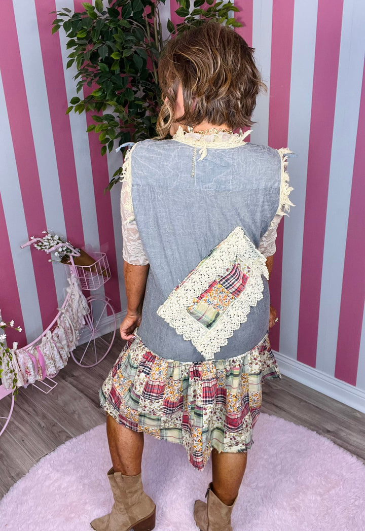Denim Patchwork with Lace Dress