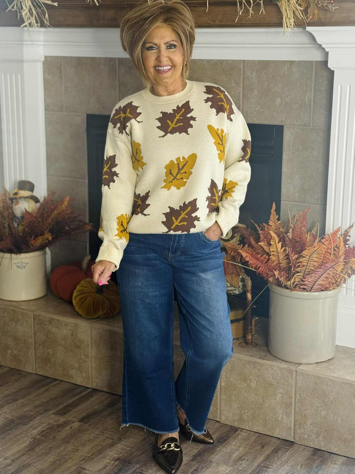 Natural Fall Leaves Jacquard Sweater Knit Top