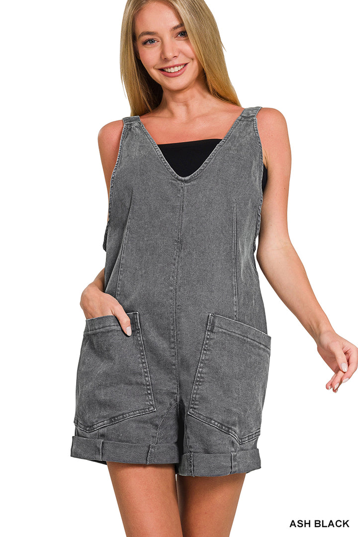 Washed Adjustable Strap Romper With Pocket - 4 Color Options