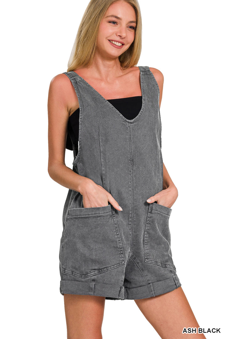 Washed Adjustable Strap Romper With Pocket - 4 Color Options