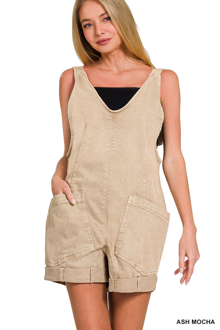 Washed Adjustable Strap Romper With Pocket - 4 Color Options