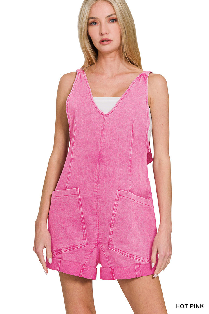 Washed Adjustable Strap Romper With Pocket - 4 Color Options