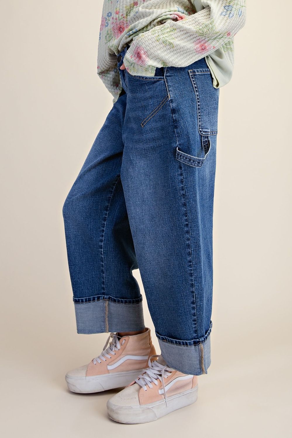 Enzyme Washed Stretch Denim Barrel Pants- Medium Wash
