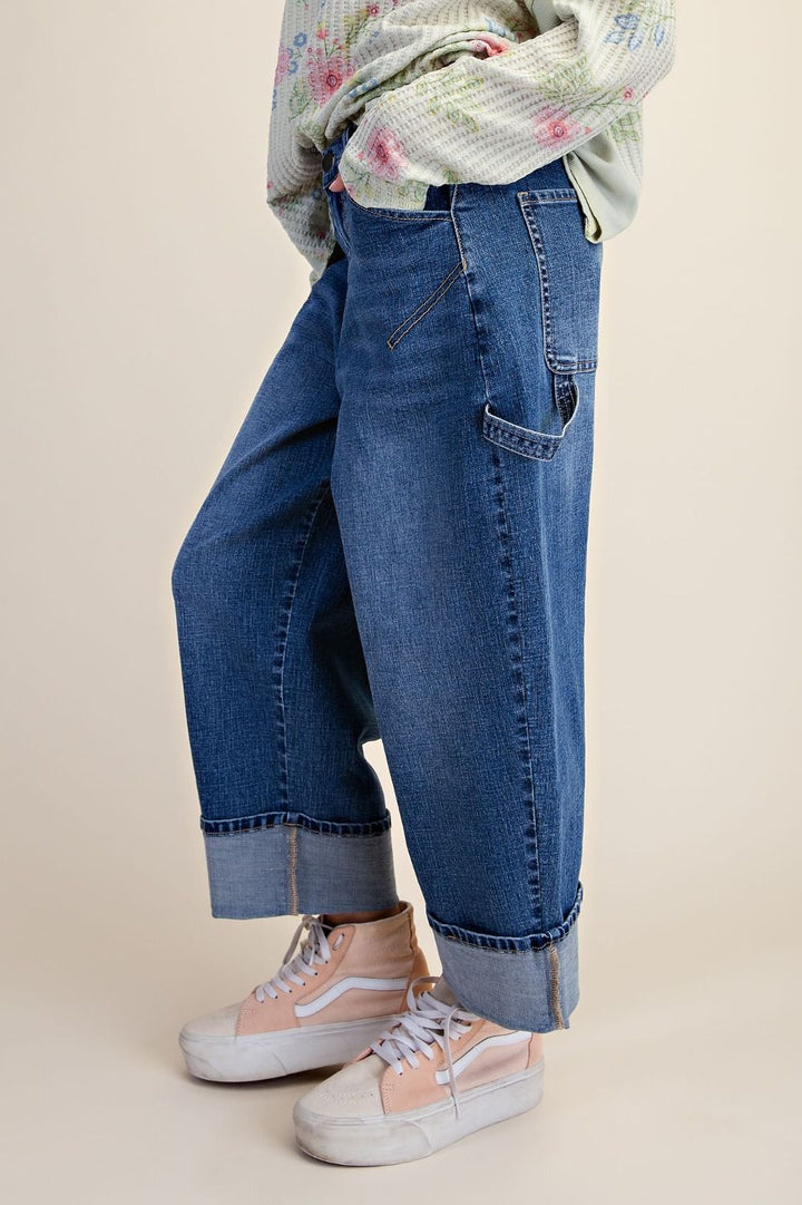 Enzyme Washed Stretch Denim Barrel Pants- Medium Wash