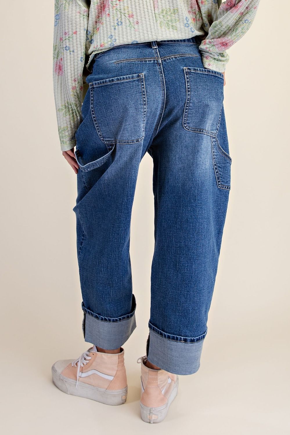 Enzyme Washed Stretch Denim Barrel Pants- Medium Wash