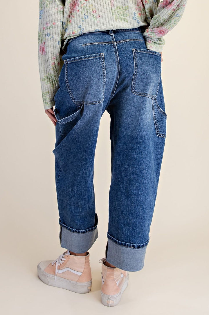 Enzyme Washed Stretch Denim Barrel Pants- Medium Wash