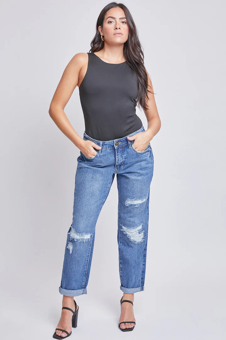 Ripped Medium Wash Dream Mid-Rise Boyfriend Jean w/Cuff Ankle- Available Sizes 4-16 - Final Sale