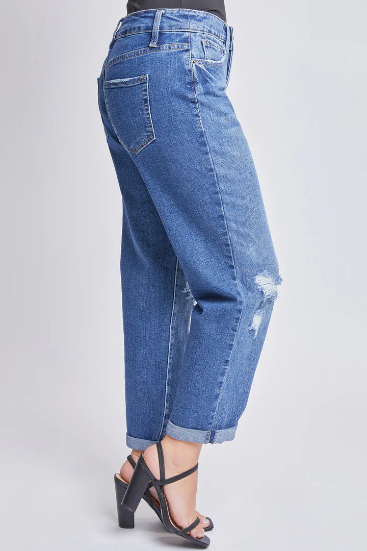 Ripped Medium Wash Dream Mid-Rise Boyfriend Jean w/Cuff Ankle- Available Sizes 4-16