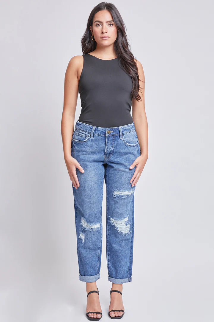 Ripped Medium Wash Dream Mid-Rise Boyfriend Jean w/Cuff Ankle- Available Sizes 4-16 - Final Sale