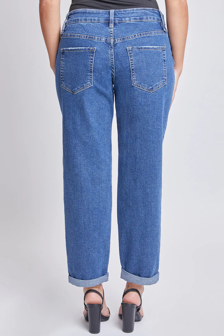 Ripped Medium Wash Dream Mid-Rise Boyfriend Jean w/Cuff Ankle- Available Sizes 4-16 - Final Sale