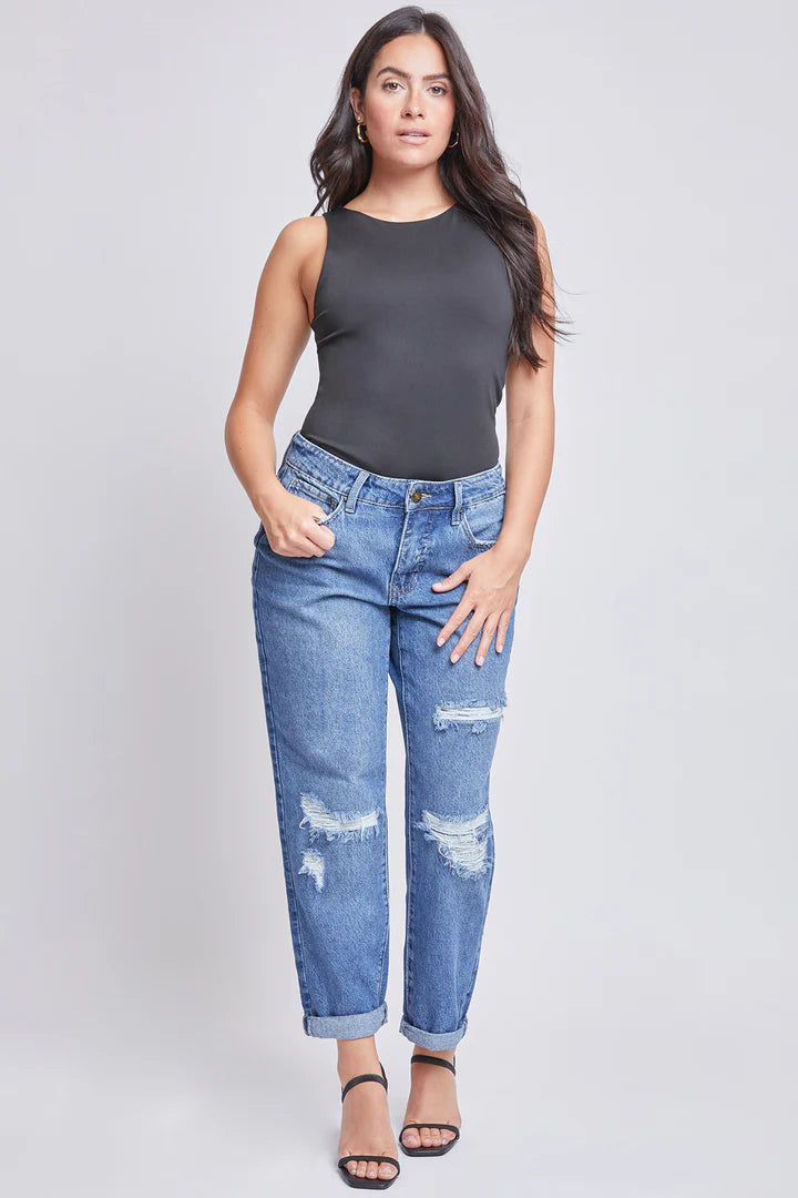 Ripped Medium Wash Dream Mid-Rise Boyfriend Jean w/Cuff Ankle- Available Sizes 4-16 - Final Sale