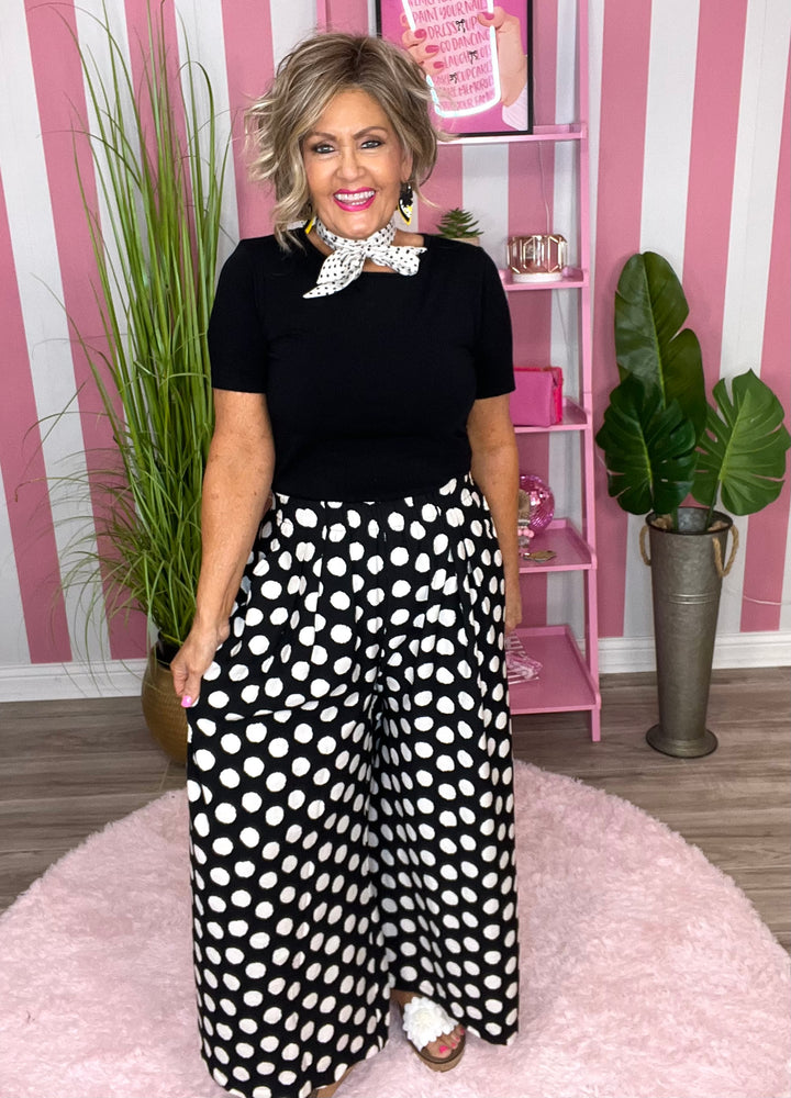 Playful Polka Dot Wide Leg Pants-Black and White