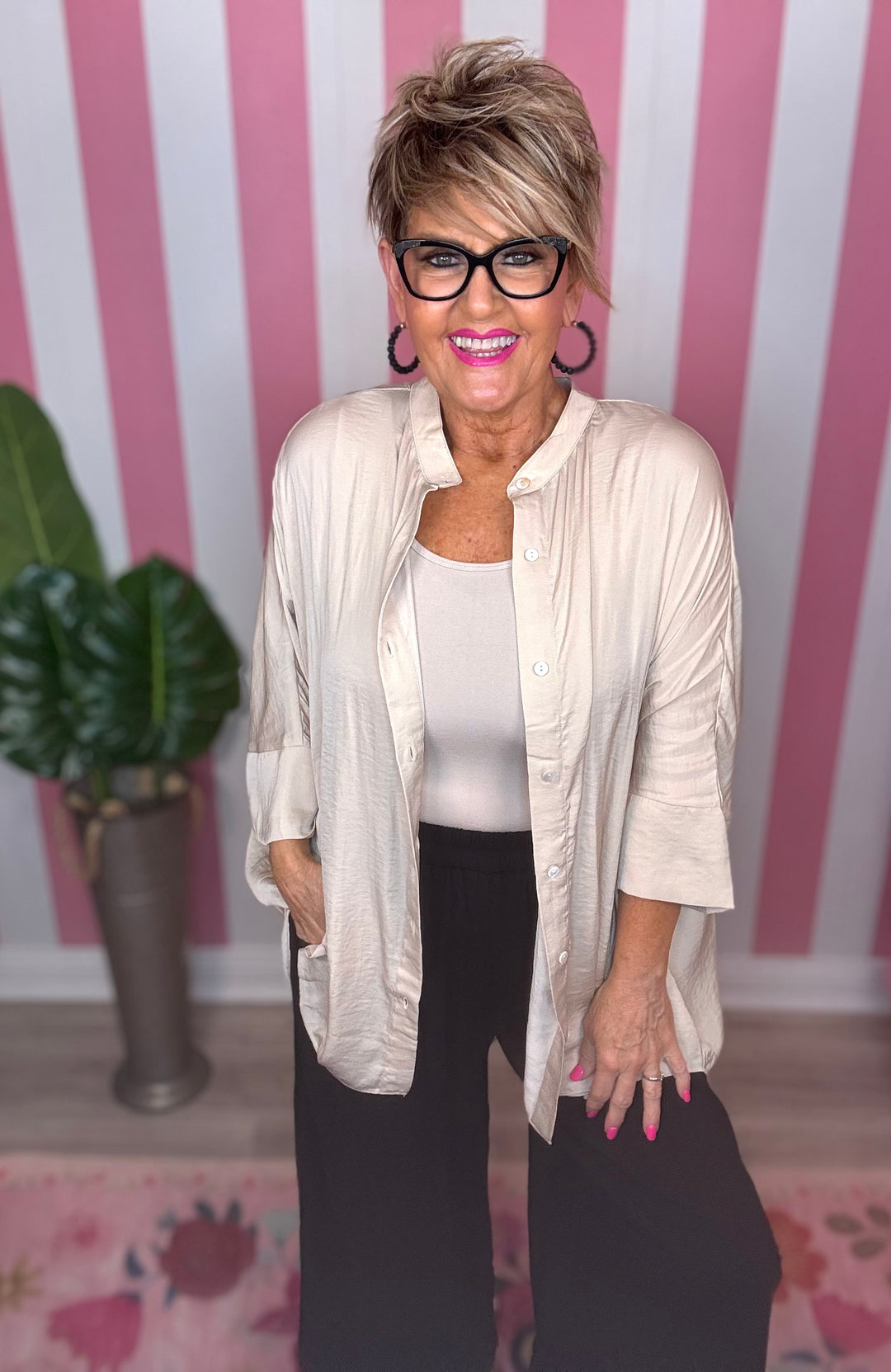 Washed Satin Button Down Loose Top-3  Color Options