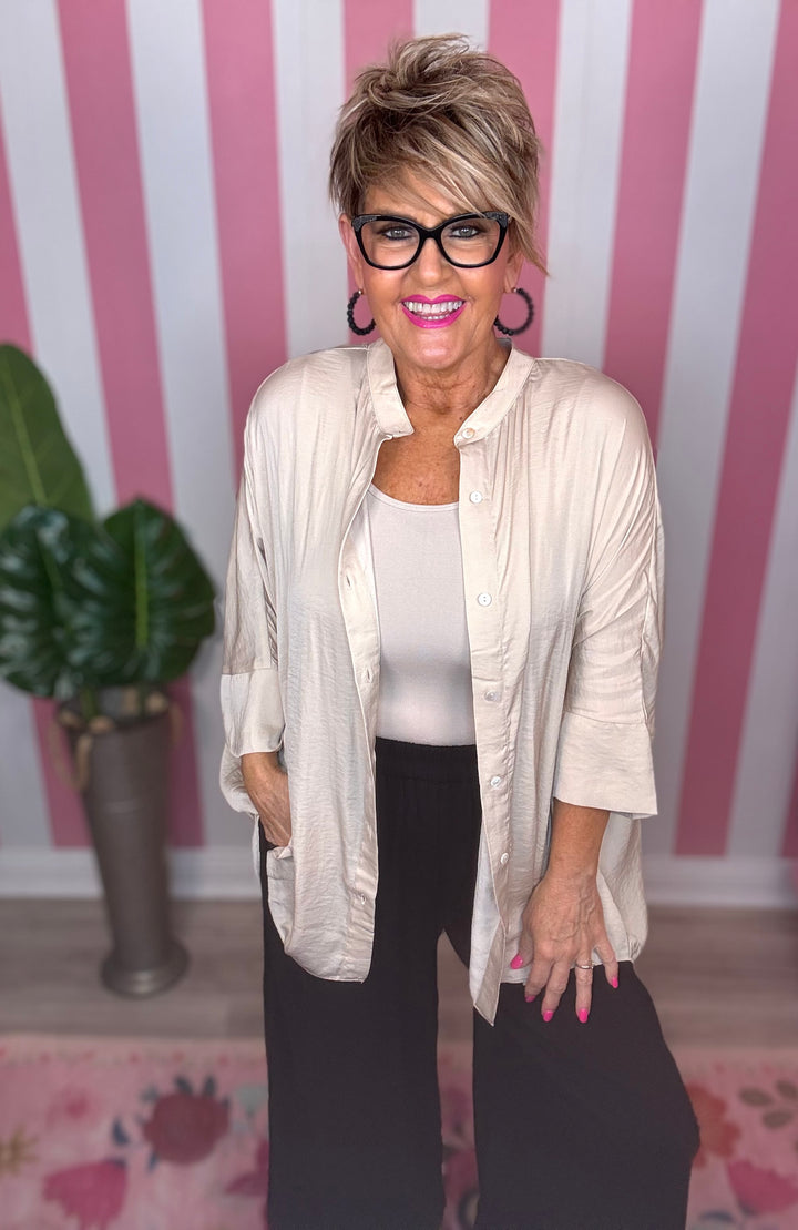 Washed Satin Button Down Loose Top-3  Color Options