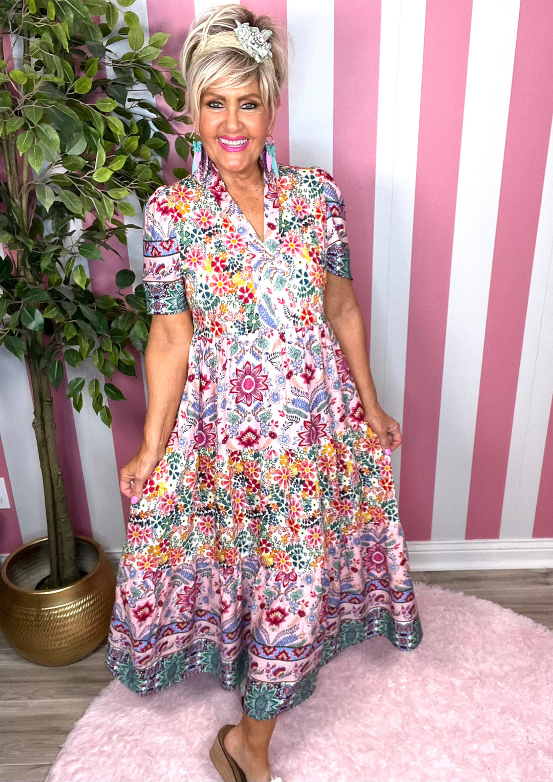 Mixed Print Midi Dress with Ruffle Neck-Blush Mix