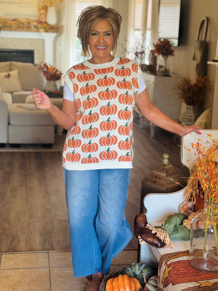 Ivory Pumpkin Print Sleeveless Sweater Knit Top