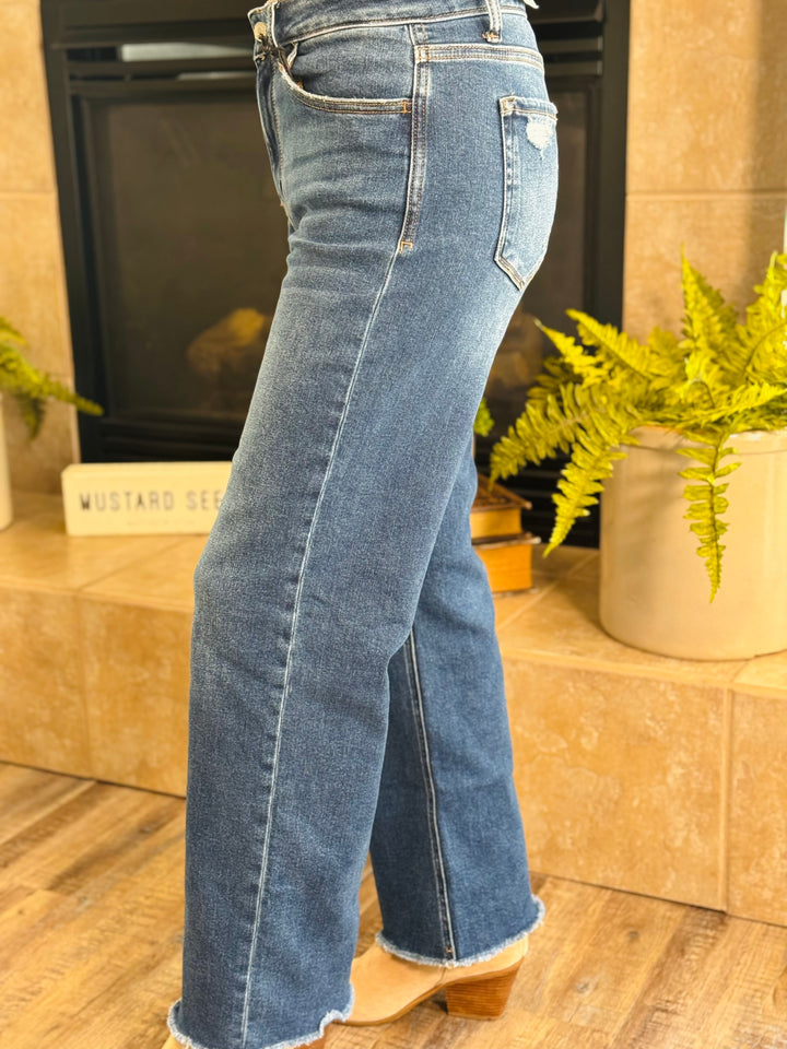 High Waist Straight Leg Dark Wash Denim Pants