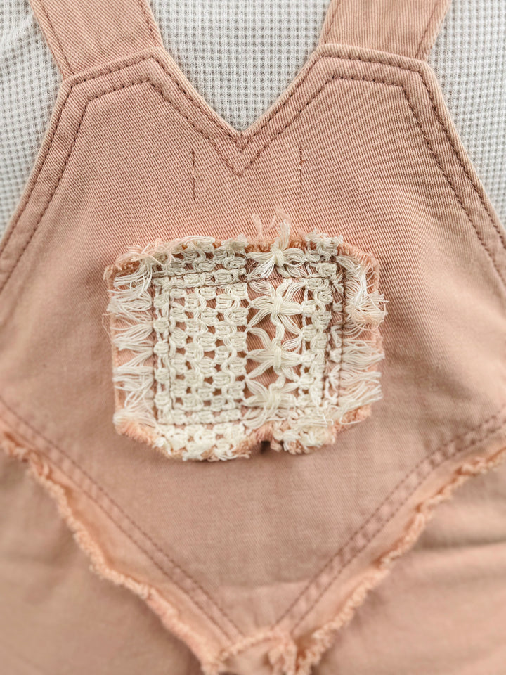 POL Pre-Order - Salmon Pink Overalls W/ Lace and Patch Detail - FINAL SALE