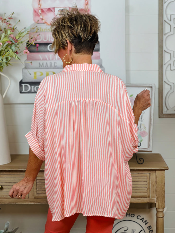 Oversized Striped Short Sleeve Button Up Shirt - 3 Color Options