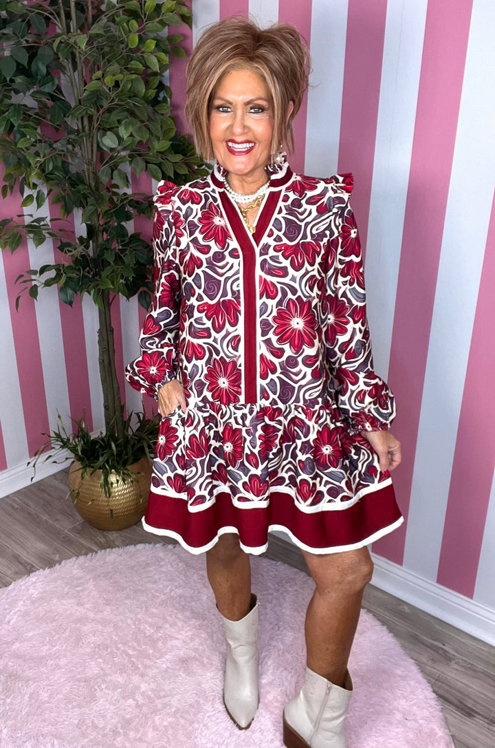 Floral Dress with Ruffled Collar-Crimson