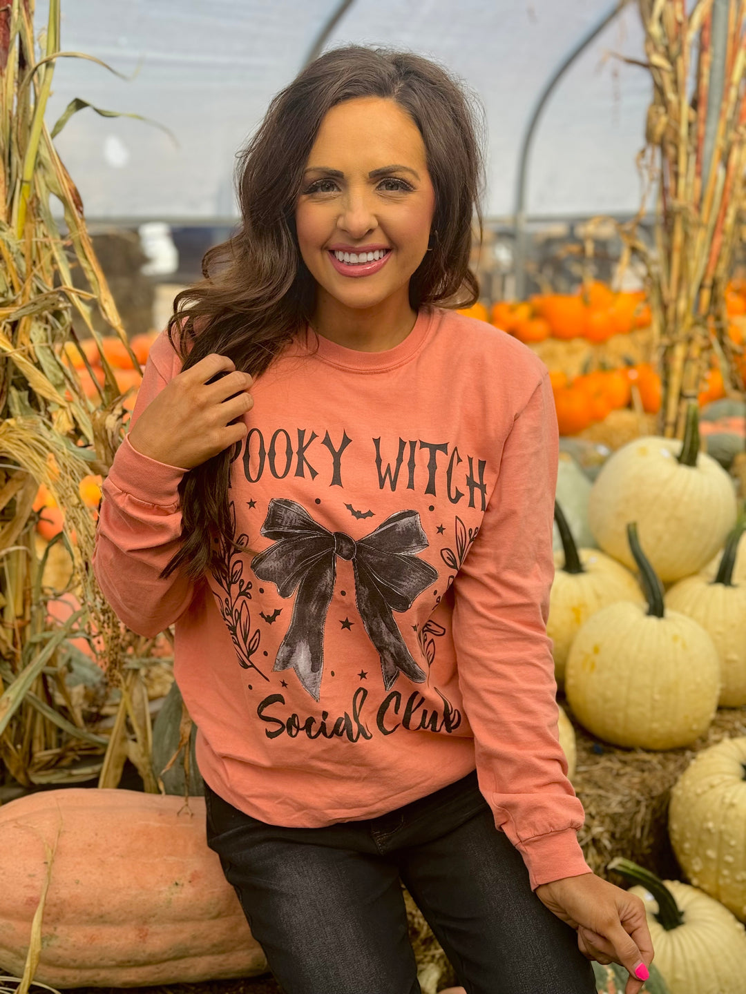 Terracotta Spooky Witch Social Club Long Sleeve Graphic Tee - Medium Through Extended Sizes