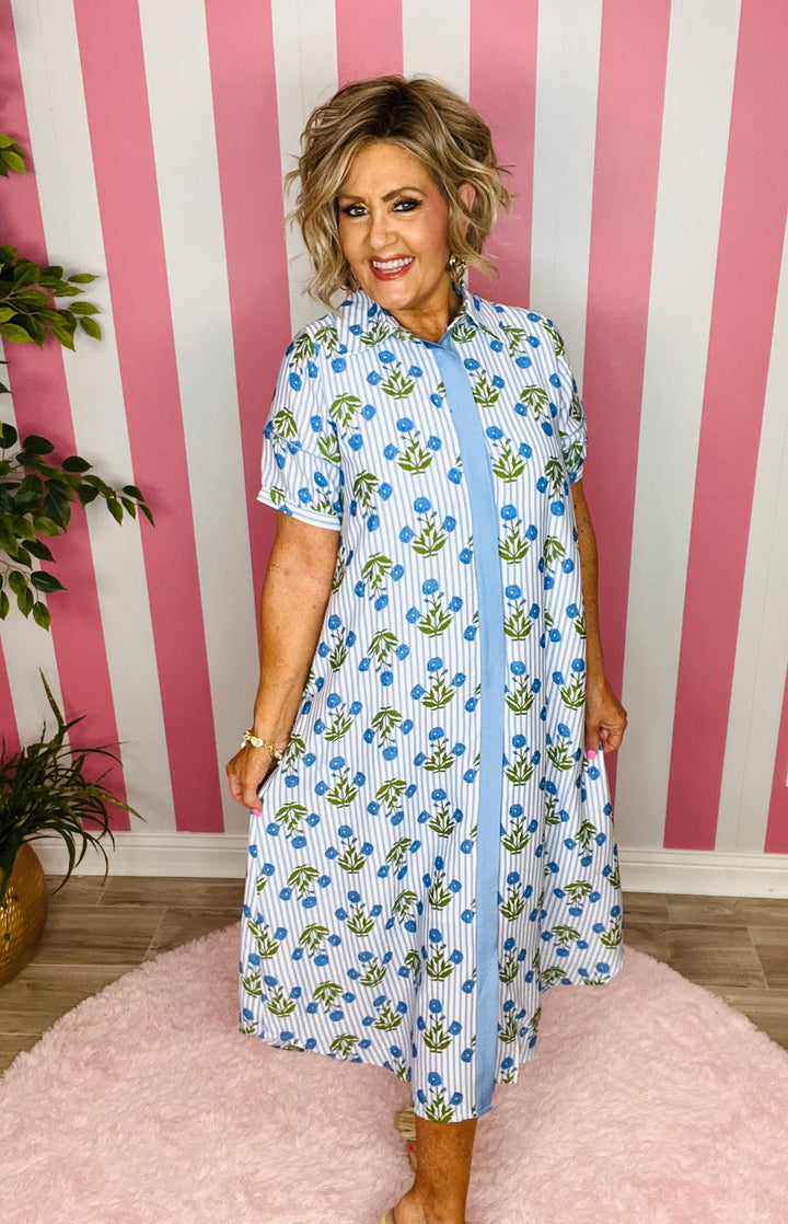 Striped Floral Maxi Dress-Blue