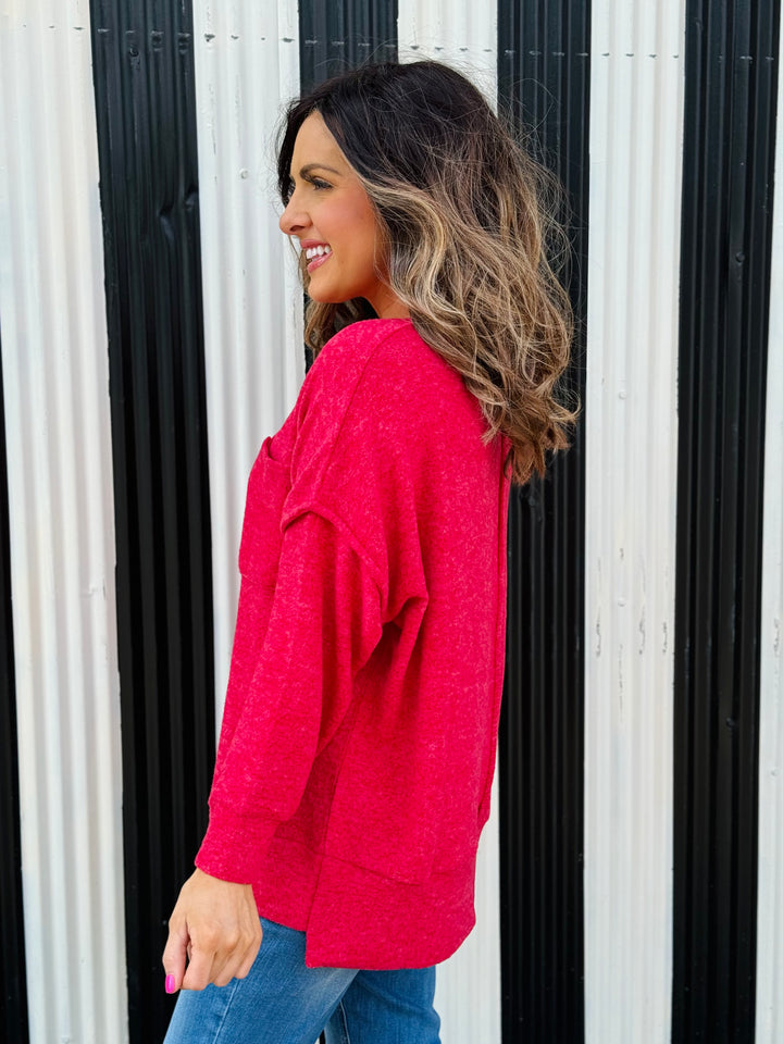 Dark Red Brushed Melange Drop Shoulder Oversized Sweater - Small Through Extended Sizes